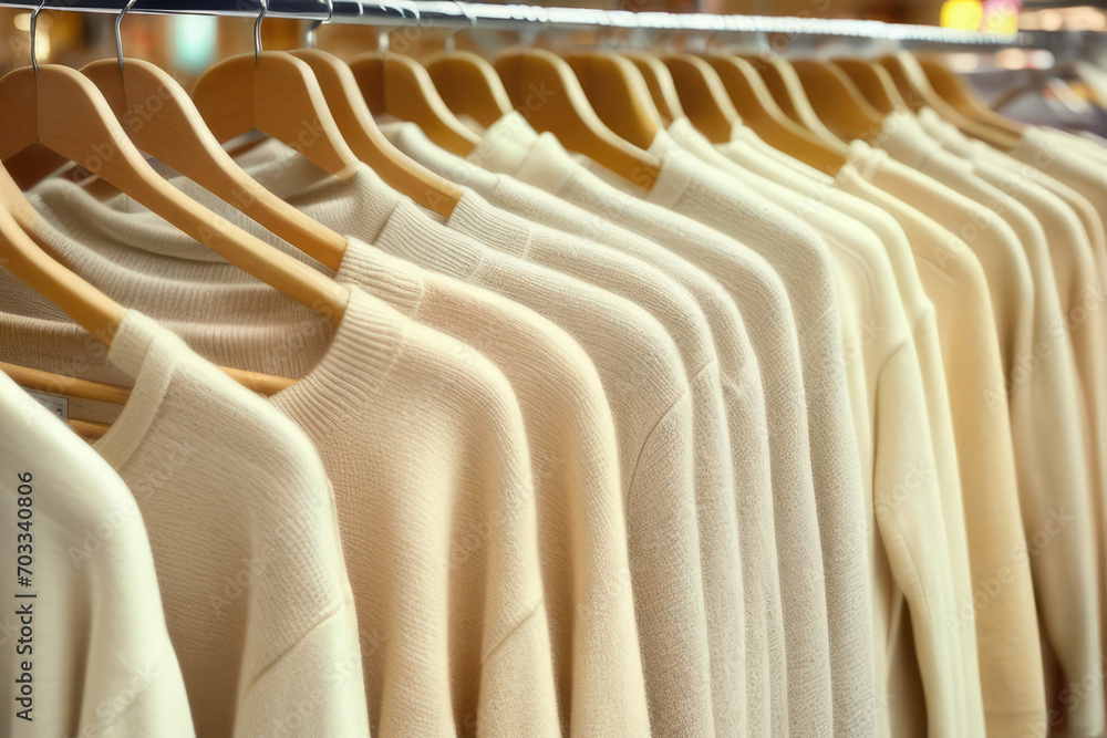 Fototapeta premium Pastel beige sweaters on hangers in a store.