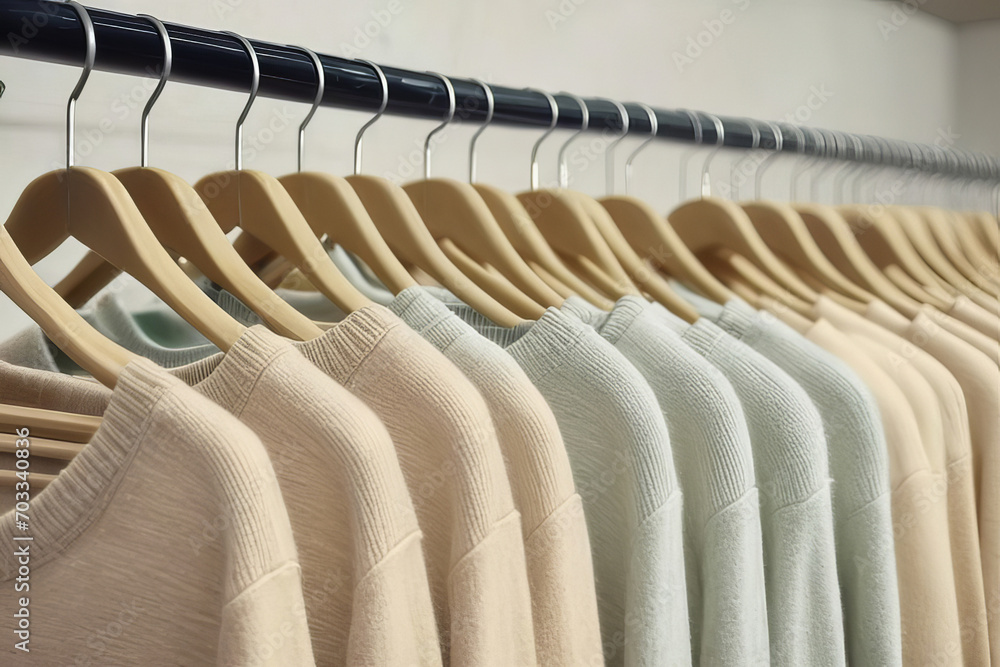 Obraz premium Pastel beige sweaters on hangers in a store.
