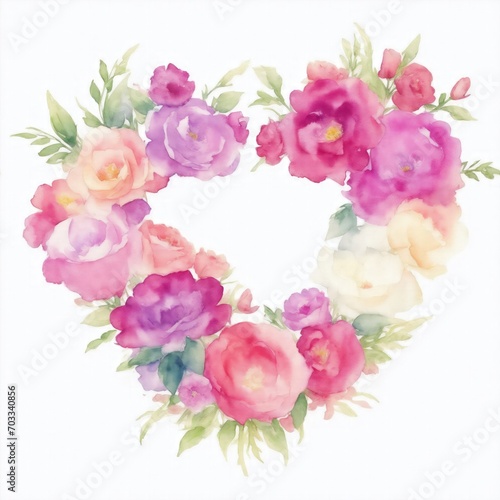 Watercolor Flowers in Shape of Heart on White Background