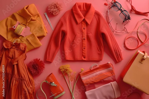 A fashion composition using pantone's color of the year Integrating it into clothing Accessories And backgrounds. photo
