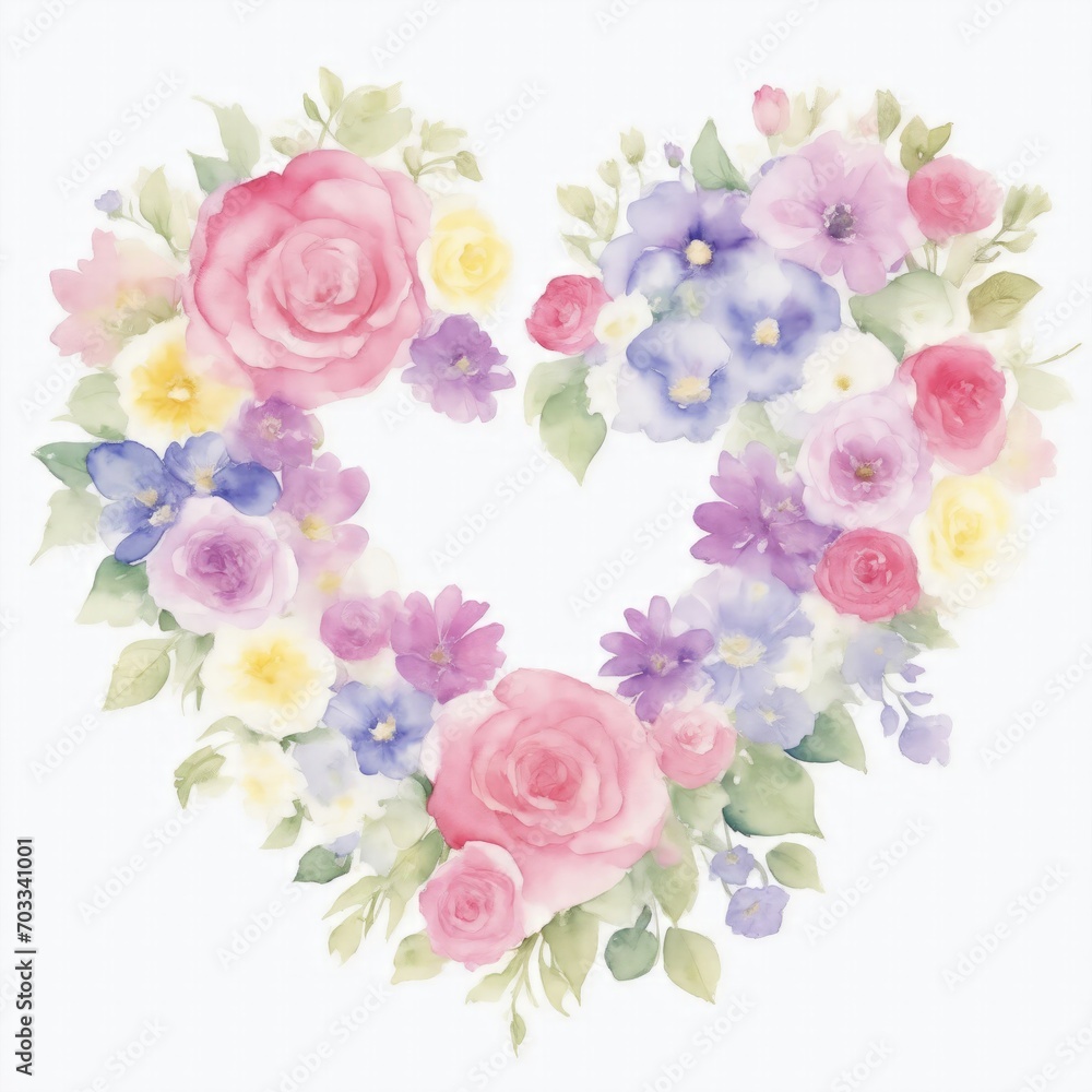 Watercolor Flowers in Shape of Heart on White Background