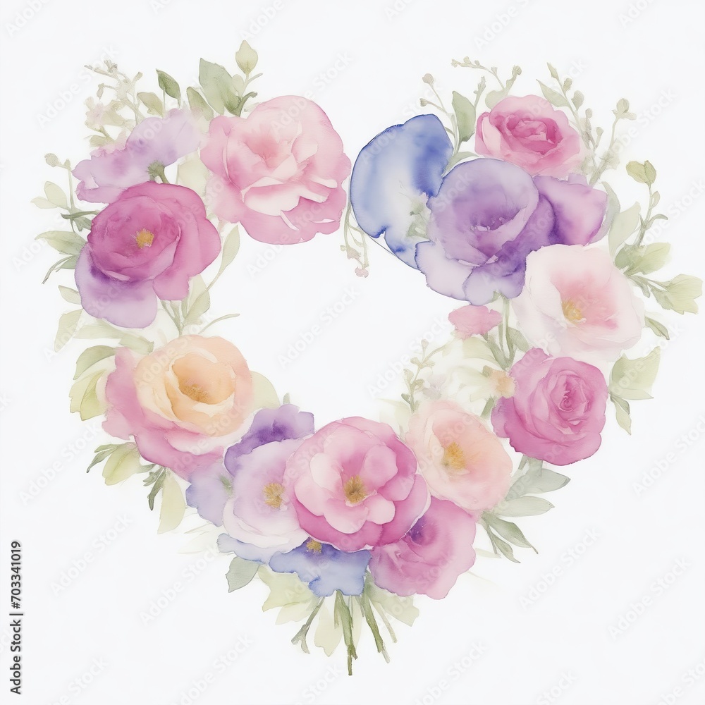 Watercolor Flowers in Shape of Heart on White Background