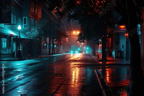 A cinematic street scene at night With dramatic lighting and a moody Urban atmosphere.