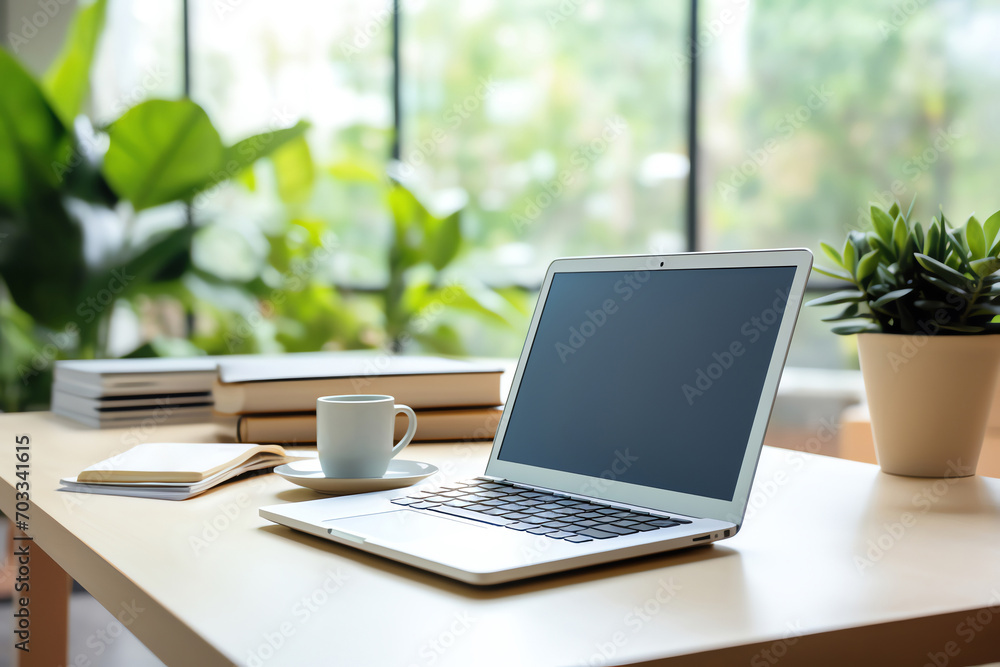 Modern office space with a laptop, bright ambiance. Ideal for work or study in a sleek environment Modern office space with a laptop, bright ambiance. Ideal for work or study in a sleek environment