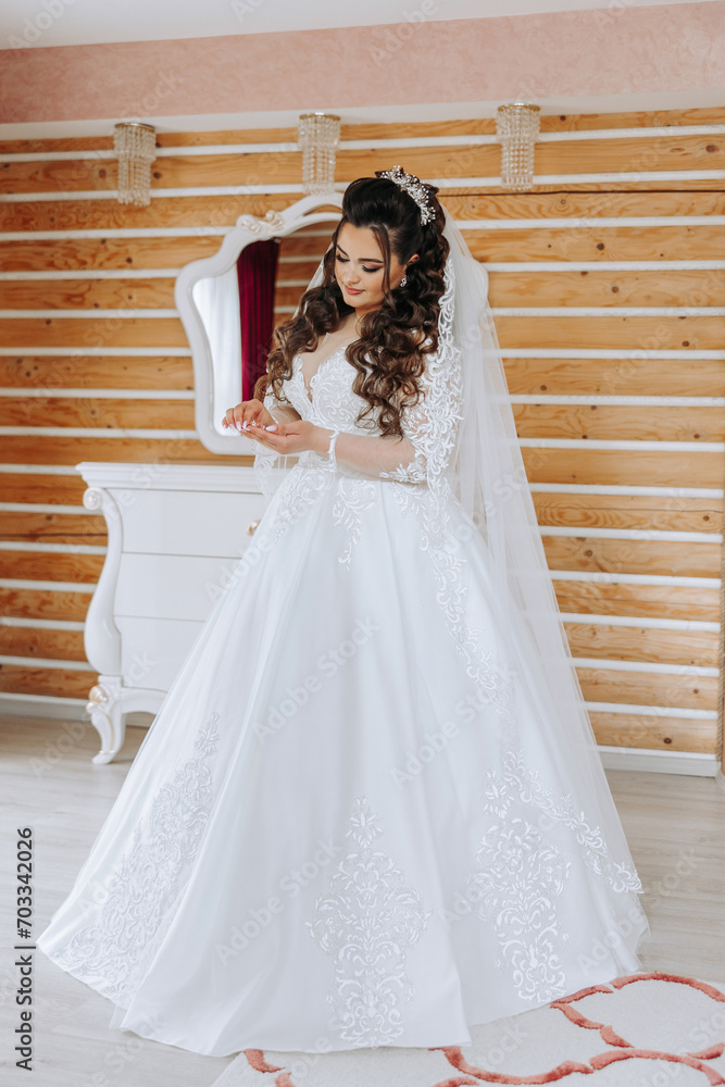 Fototapeta premium A wonderful beautiful portrait of a young bride. Beautiful bride with wedding makeup and jewelry wreath on long curly hair. Wedding photo model with brown eyes in a beautiful interior.