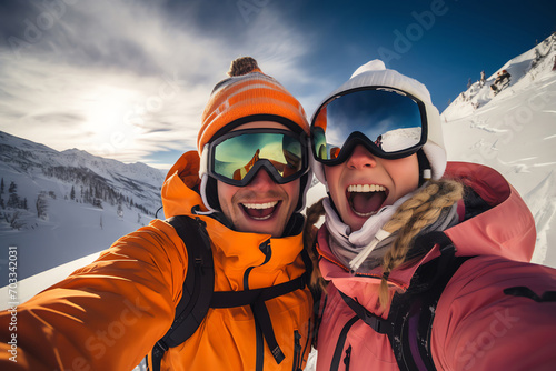 Happy couple skiing, taking snowy selfie on mountain. Joyful winter moment captured