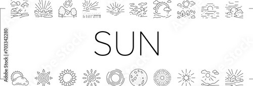 sun summer sunlight light icons set vector. sunshine element, sunrise weather, sunny heat, bright hot, shine circle sunbeam sun summer sunlight light black line illustrations