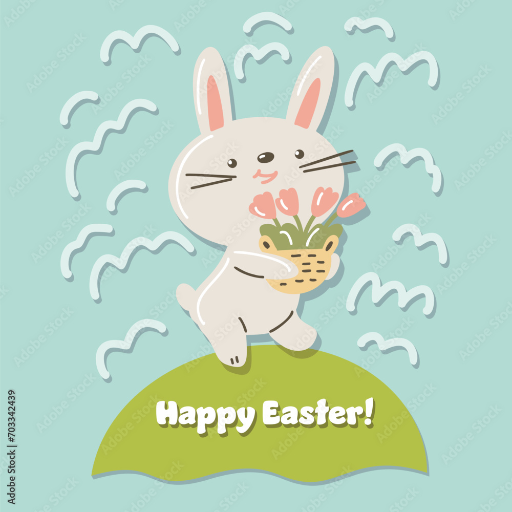 Easter card. White Easter Bunny with flowers. Hand-drawn illustration. Easter card. White Easter Bunny with flowers. Hand-drawn illustration.