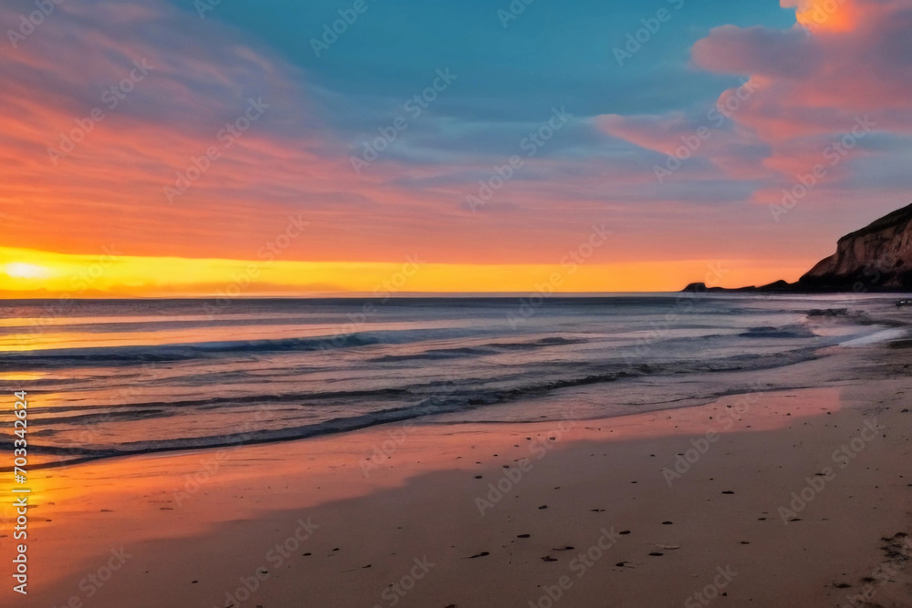 Closeup sea sand beach. Panoramic beach landscape.. Orange and golden sunset sky calmness tranquil relaxing sunlight summer mood. Landscape with sea sunset on beach