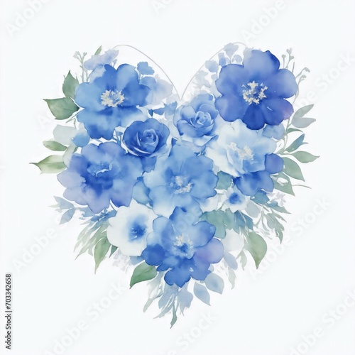 Blue Watercolor Flowers in Shape of Heart on White Background