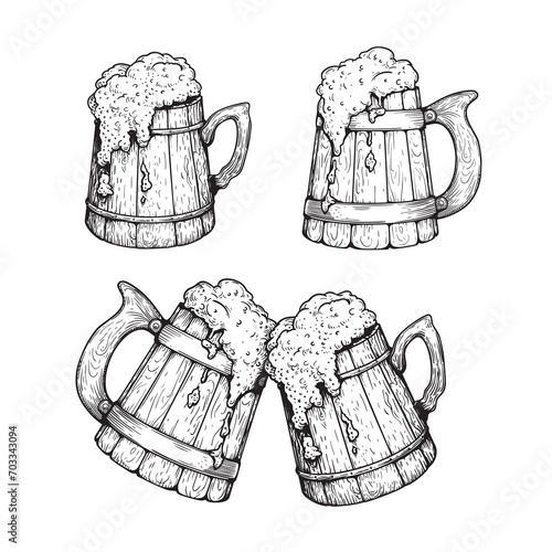 Wooden beer mugs set. Vintage mugs collection. Hand drawn sketch style. Best for brewery, pub menu designs. Vector illustrations.