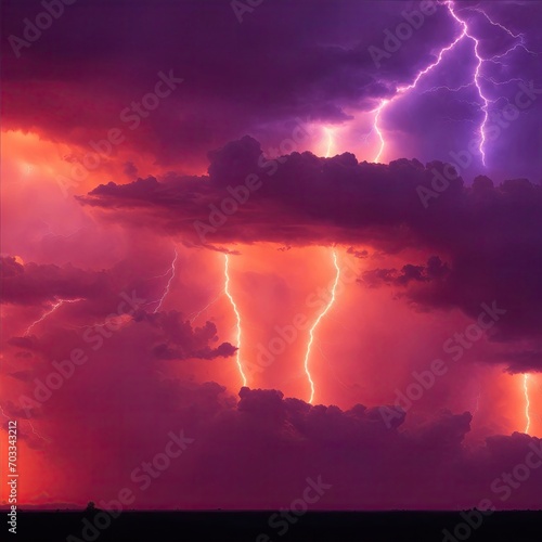 Amazing lightning storm in orange light and dark clouds in the sky, Weather background banner