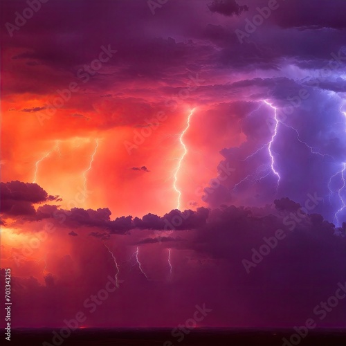 Amazing lightning storm in orange light and dark clouds in the sky, Weather background banner