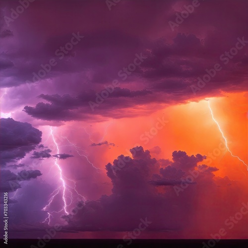 Amazing lightning storm in orange light and dark clouds in the sky, Weather background banner