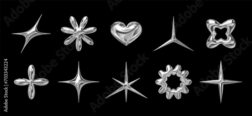 3d chrome glossy shapes set in y2k retro futuristic style. Liquid metallic star, heart, flower, and sparkle forms as isolated vector design elements for a 2000s aesthetic
