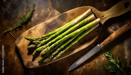Close-up of a group of green asparagus on a wooden cutting board with a knife on a wooden table. Generative Ai. photo