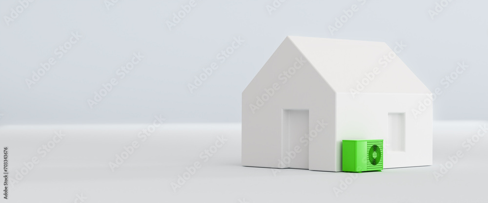 Model home with a green heatpump. Concept for sustainable heating with electric heatpumps. Model home with a green heatpump. Concept for sustainable heating with electric heatpumps.
