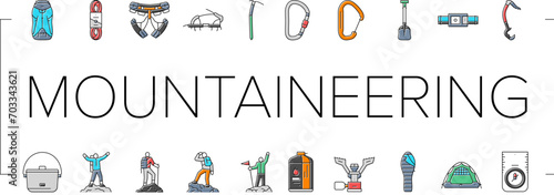 mountain adventure mountaineering icons set vector. climbing travel, hiking sport, climb climber, extreme nature, outdoor hiker trekking mountain adventure mountaineering color line illustrations