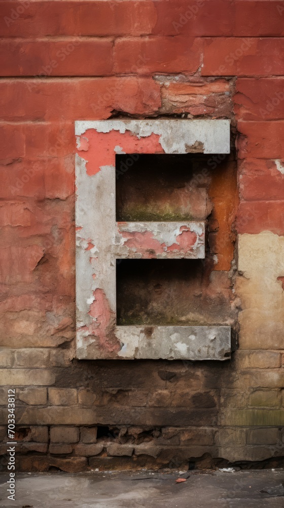 An old brick wall with a broken letter e on it
