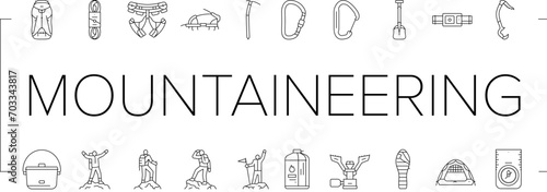 mountain adventure mountaineering icons set vector. climbing travel, hiking sport, climb climber, extreme nature, outdoor hiker trekking mountain adventure mountaineering black line illustrations