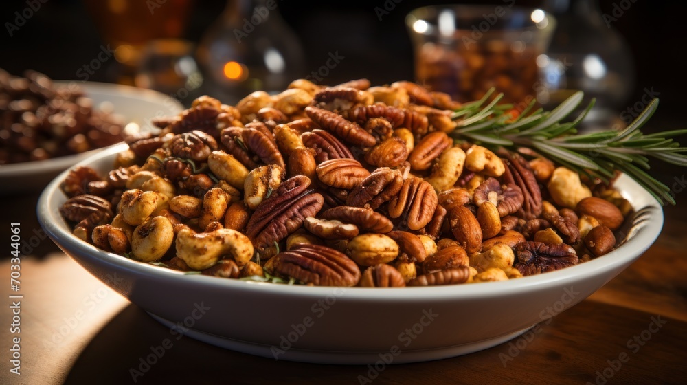 a close up of a bowl of nuts with a rosemary sprig on top of one of the nuts. a close up of a bowl of nuts with a rosemary sprig on top of one of the nuts.