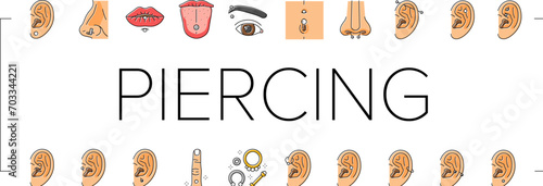 piercing fashion beauty earring icons set vector. body pierced, face style, pierce jewelry, metal ear, nose female, ring metallic piercing fashion beauty earring color line illustrations