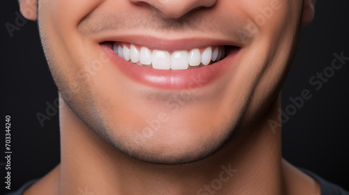 A man's smile after teeth straightening and whitening. The ideal, beautiful shape of the teeth in the upper jaw after installing veneers or braces. Close-up. Patient at a dental orthodontic clinic