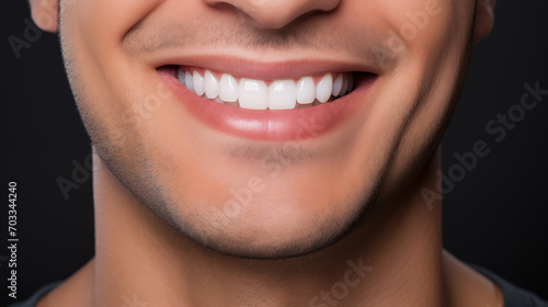 A man's smile after teeth straightening and whitening. The ideal, beautiful shape of the teeth in the upper jaw after installing veneers or braces. Close-up. Patient at a dental orthodontic clinic photo
