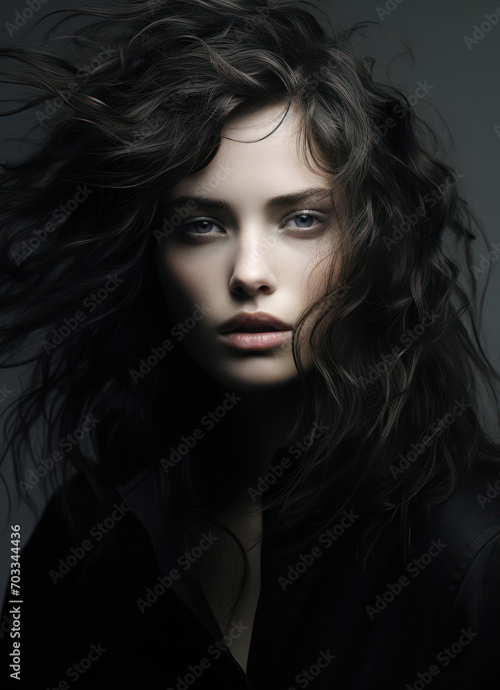 Radiant Beauty: Captivating Portrait of a Young Woman with Dark Curly Hair, Exuding Elegance and Glamour against a White Studio Background Radiant Beauty: Captivating Portrait of a Young Woman with Dark Curly Hair, Exuding Elegance and Glamour against a White Studio Background