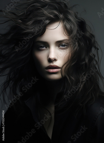 Radiant Beauty  Captivating Portrait of a Young Woman with Dark Curly Hair  Exuding Elegance and Glamour against a White Studio Background