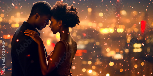 Silhouette of an elegant black couple, man and woman, sharing an intimate moment overlooking the blurred lights and blurred cityscape with bokeh. Valentines day romantic banner with space for text