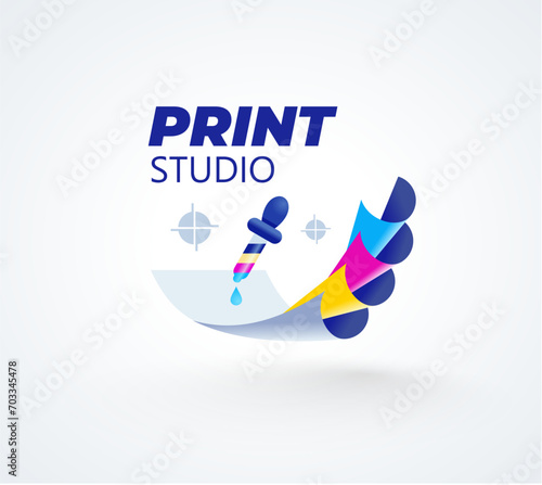 Print studio logo. Cmyk sheets of paper and pipette ink. Template polygraphy design vector.