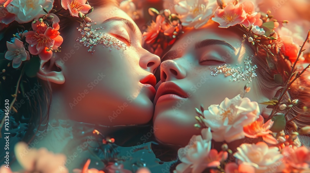 Romantic couple in love, girl and woman in water among flowers