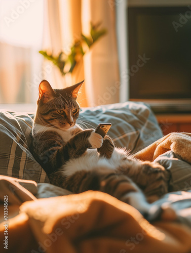 cute picture of a lazy cat with a phone. relaxed. sunset, evening, pajamas. Kitten playing with the phone. Sleeping on the bed, sofa. Beige and white, soft lighting photo