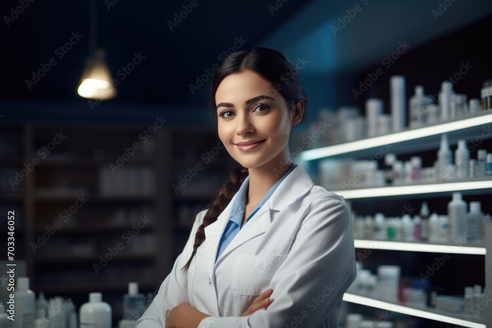 A young girl medics stands in a pharmacy in a white coat against the background of shelves with medicines and smiles . Medicine