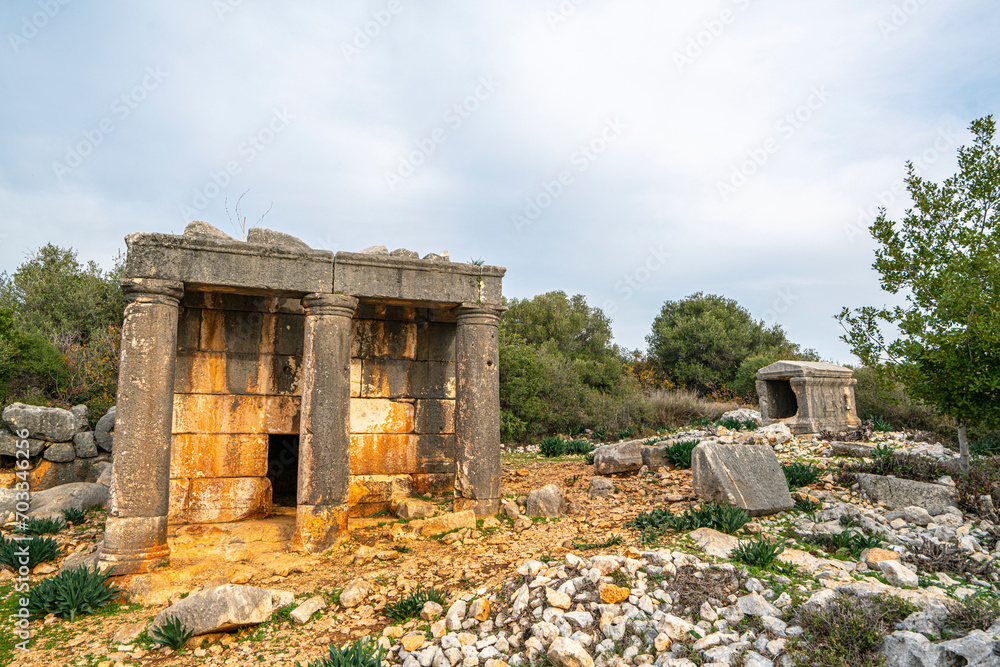 Naklejka premium Amazing views from Kanlıdivane (ancient Canytelis), which is an ancient city situated around a big sinkhole in Mersin, Turkey.