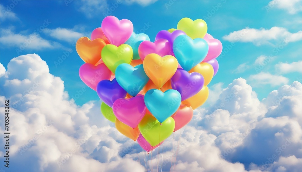 Colorful Heart-shaped Balloons Flying Against a Blue Sky Background