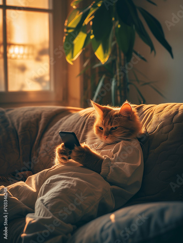 cute picture of a lazy cat with a phone. relaxed. sunset, evening, pajamas. Kitten playing with the phone. Sleeping on the bed, sofa. Beige and white, soft lighting