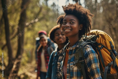African American girls in the woods walking down the path with backpacks in their shirtsleeves, looking up at the trees, cheerful