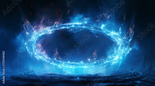 Blue circular shinning glowing light ring sparkle powerful effect dust explosion. Scatter bright neon on black background. Star frame galaxy and space digital concept.