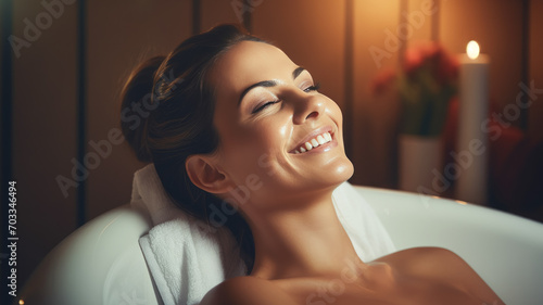 Radiant Serenity: Joyful woman Engages in Relaxation and Tranquility Within the Spa's Serene Atmosphere and Comforting Ambiance