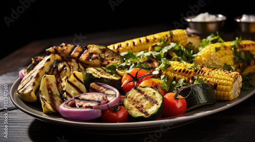  a plate of grilled vegetables including corn, tomatoes, zucchini, and corn on the cob.