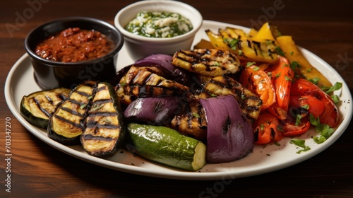  a white plate topped with grilled vegetables next to a bowl of salsa and a small bowl of salsa dressing.