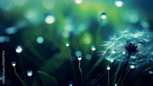 Dazzling macro shot: glistening dew drop on dandelion seed in nature with sparkling bokeh on dark blue-green background