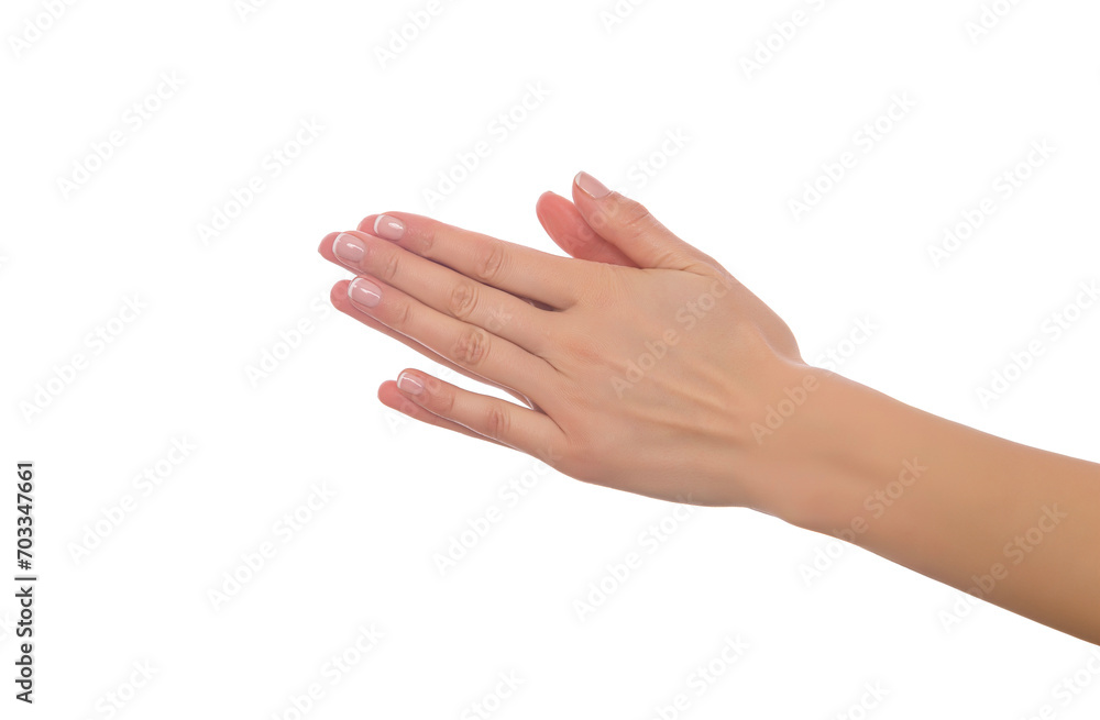 Women's hands clasped together. Isolated on a white background.
