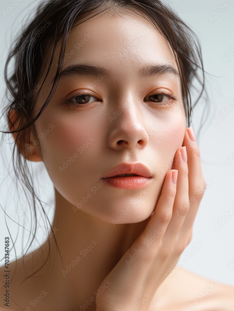 An Asian woman with clear skin advertising facial care cosmetics An Asian woman with clear skin advertising facial care cosmetics