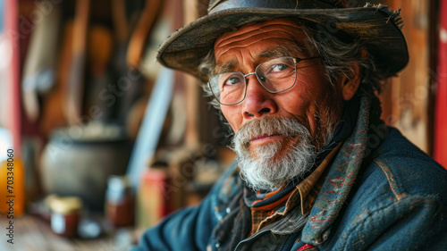 Portrait of an elderly fisherman in his hut at the pier, copied space for concept and travel along popular routes © Ed