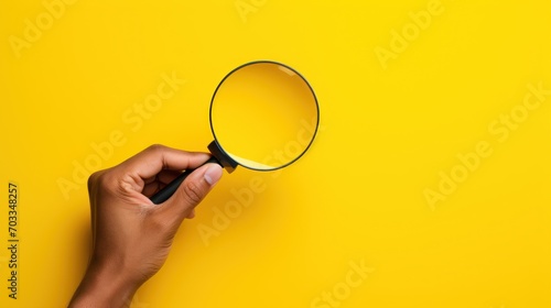  a person's hand holding a magnifying glass over a yellow background with copy space in the middle. photo