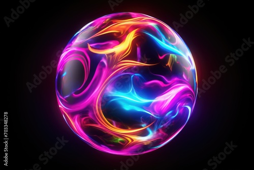 Abstract multicolored energy sphere made of particles and waves of magical glow on a dark background photo