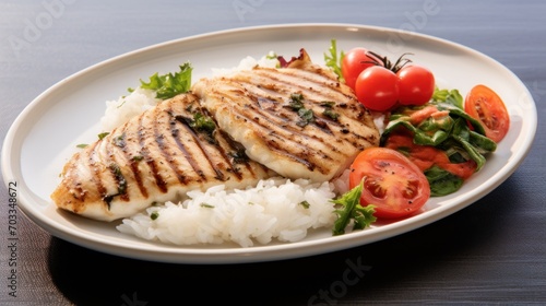  a close up of a plate of food with chicken, rice, tomatoes and lettuce on a table.